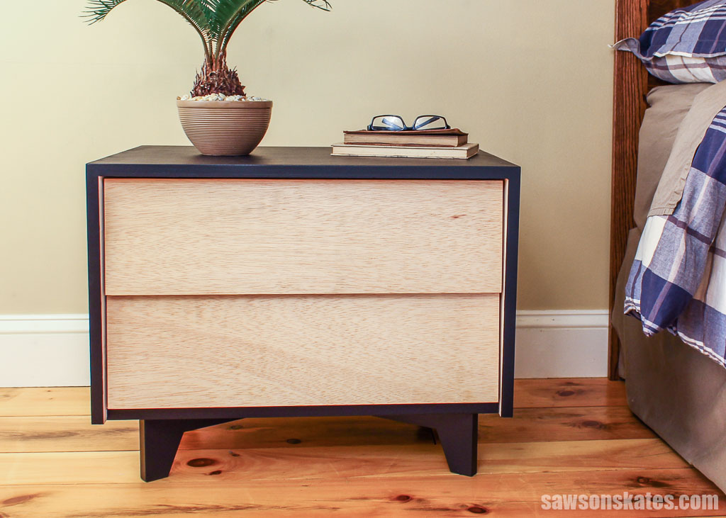 Front view of a handmade mid-century modern nightstand