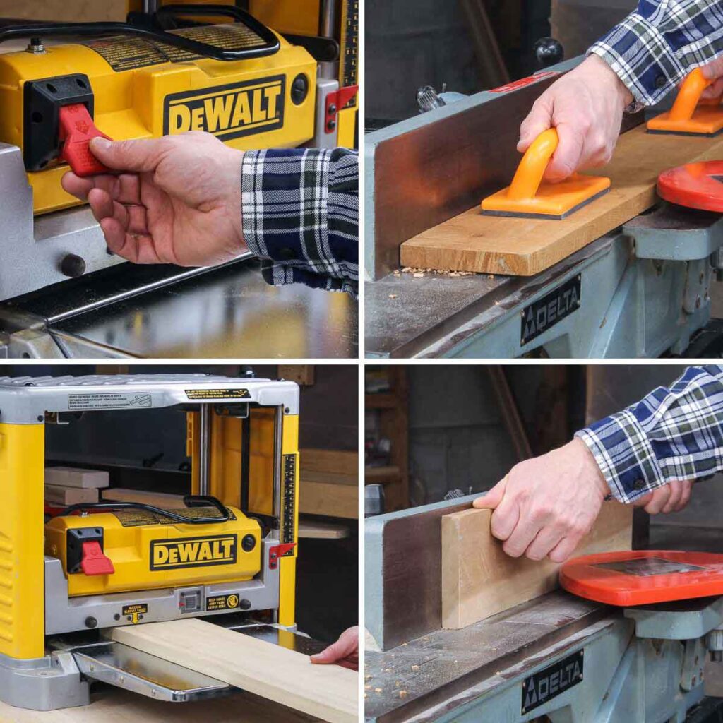 Four image collage, two of planer and two of a jointer