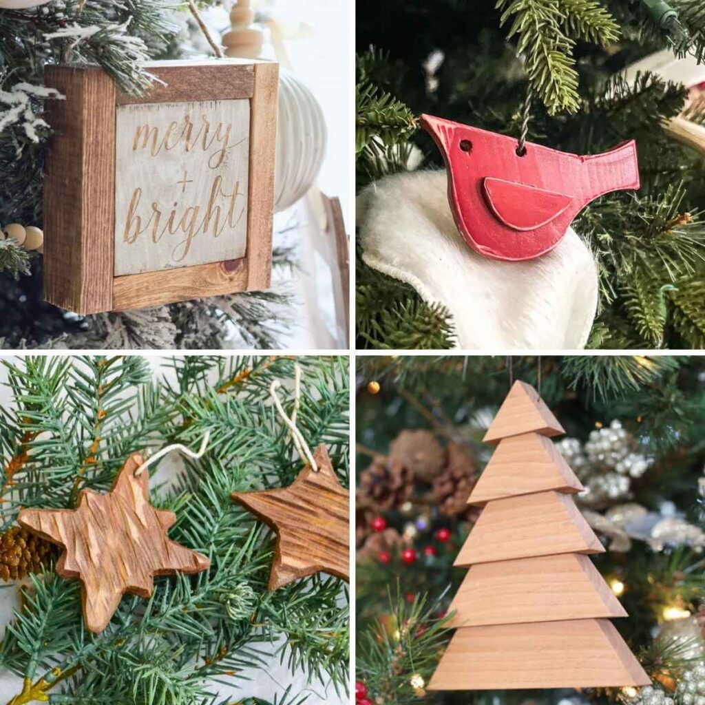 Four image collage of handmade Christmas ornaments: small framed sign, red cardinal, stars and stacked tree