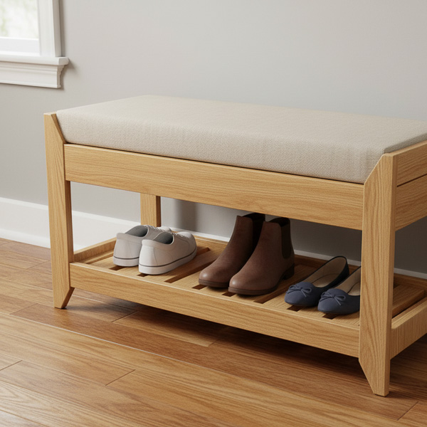 Wooden shoe bench with a cushion and slated shelf placed against a wall