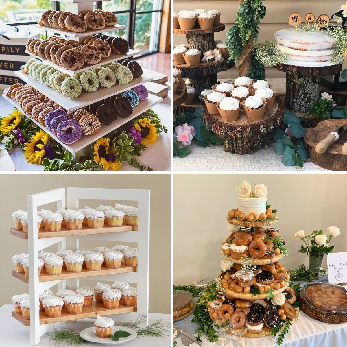 4 image collage with wedding dessert displays