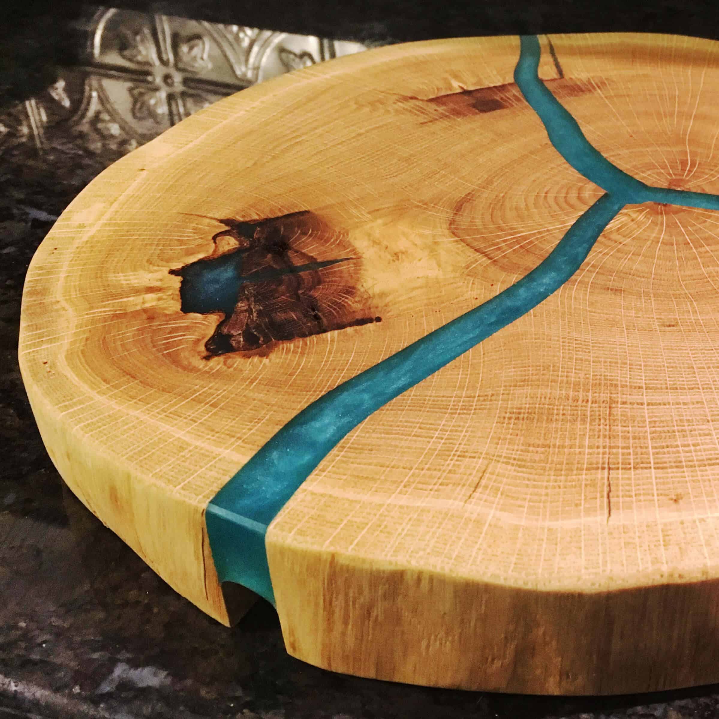 top view of wood dessert stand with epoxy