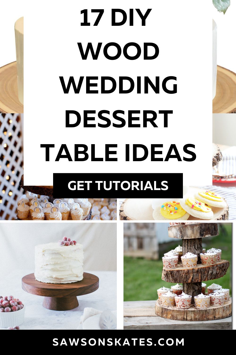 5 image collage with wedding dessert display projects