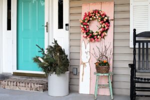 spring porch decor with bunny reclaimed door