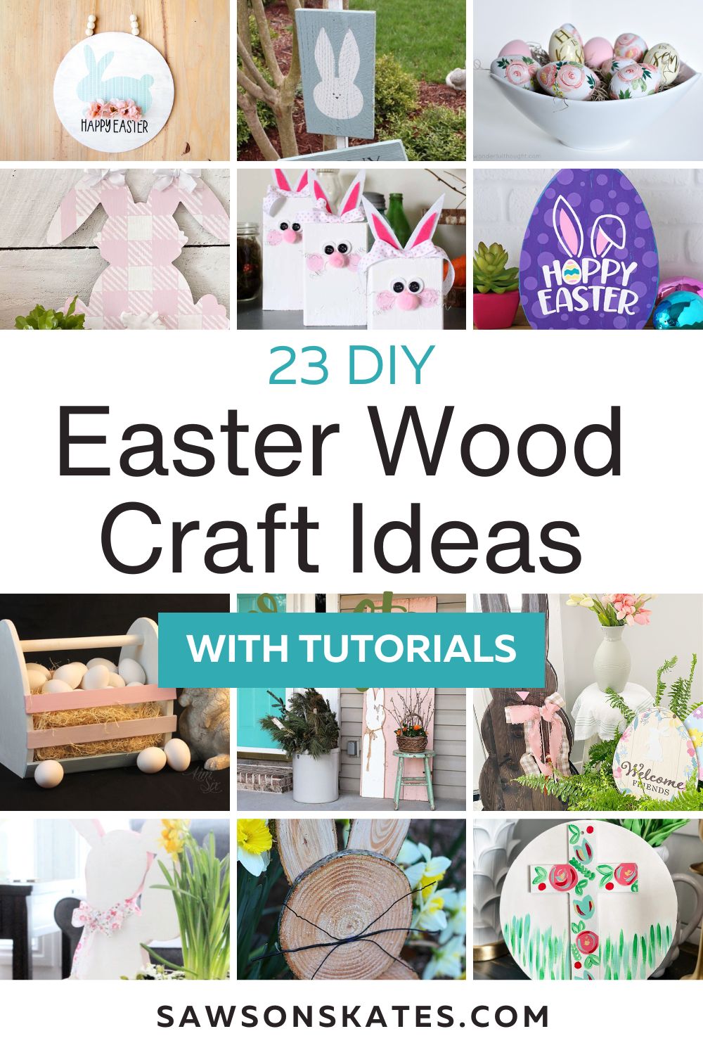 12 image collage featuring wood Easter crafts with text overlay