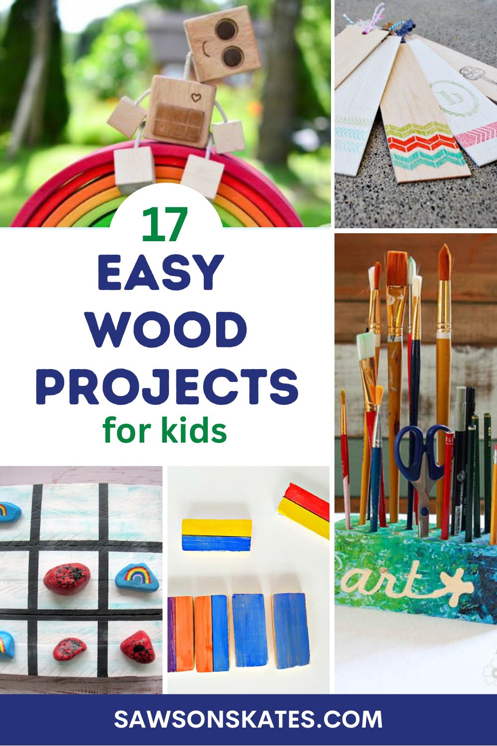5 image collage woodworking projects for kids with text overlay