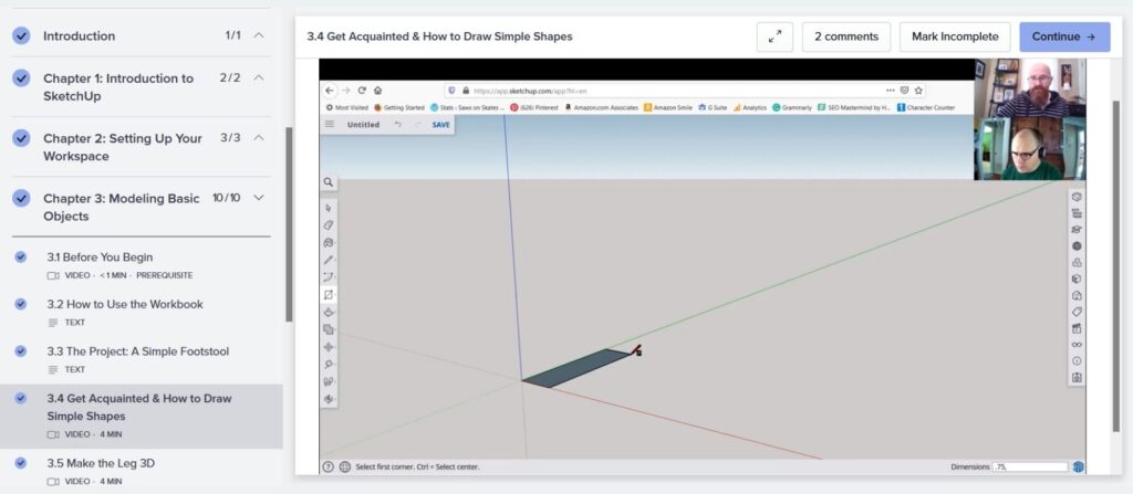 Example of the online course player with the chapters on the left an the video on the right