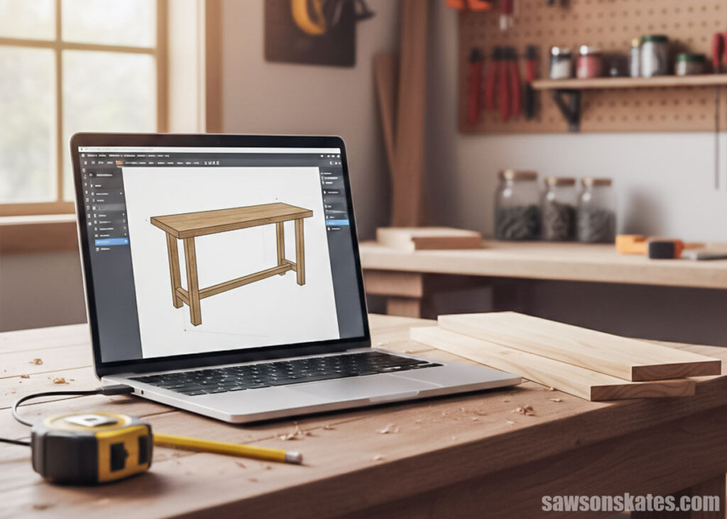 A laptop on a workbench in a woodshop with a 3D sketch on the screen