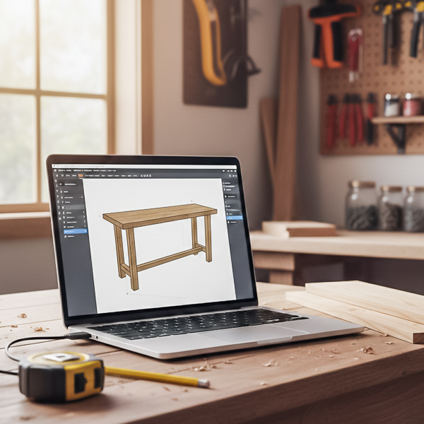 A laptop on a workbench in a woodshop with a 3D sketch on the screen