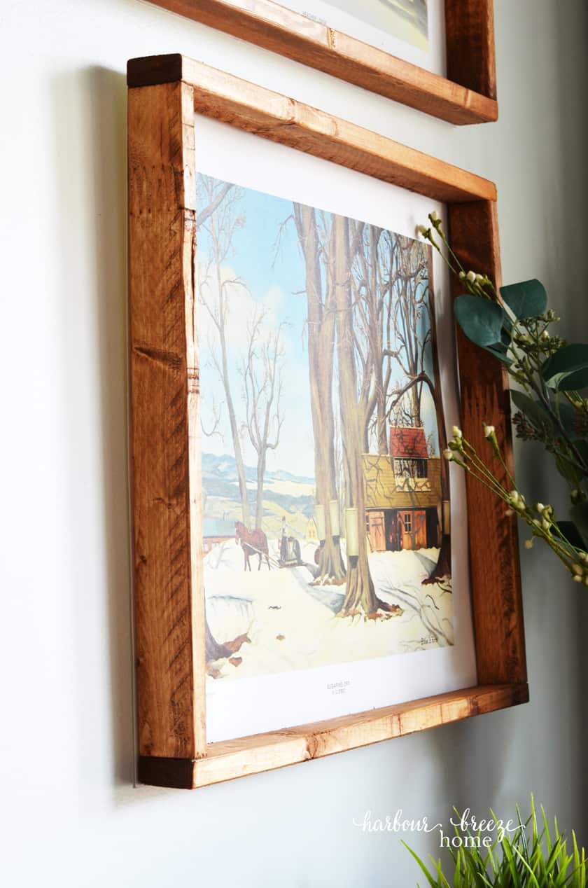 side view of stained wood diy frames for large art or pictures