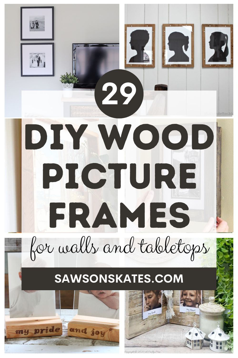 6 image collage with diy wood frame ideas for walls and tabletop with text overlay