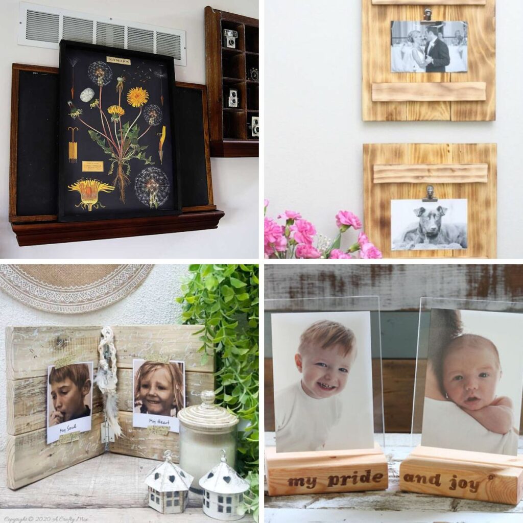Four image collage featuring DIY wood photo frames in a variety of rustic and modern styles, showcasing handmade frames displaying photos and artwork.