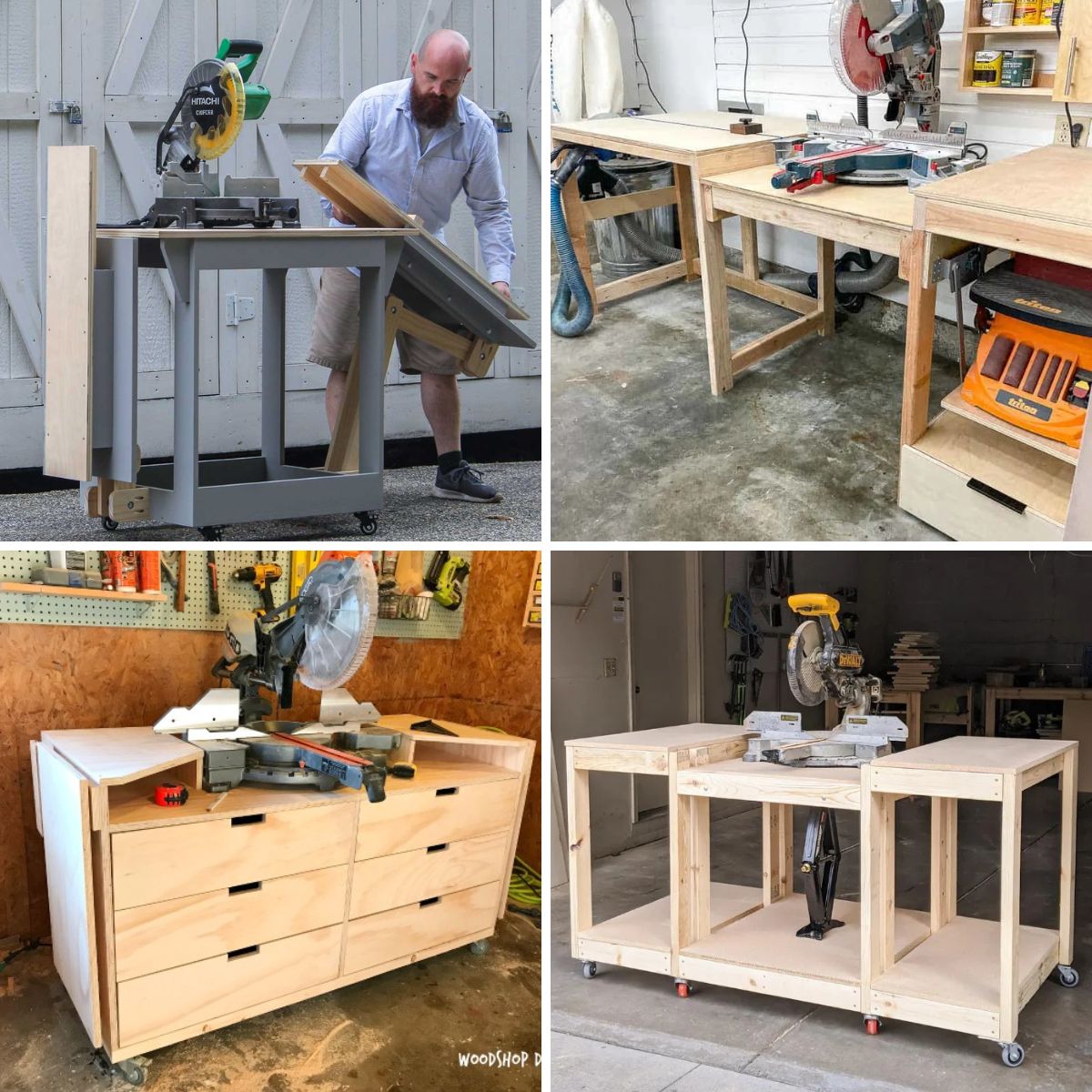 Collage of DIY miter saw workstation ideas featuring mobile stands, folding support wings, and built-in storage drawers.