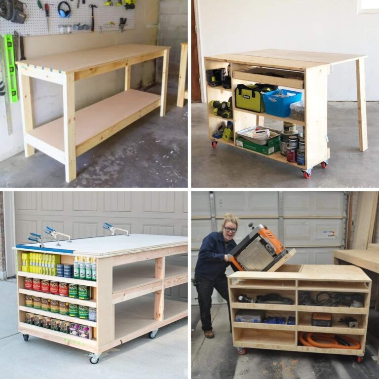 Four image collage of a small stationary workbench, folding workbench, rolling workbench and flip-top workbench