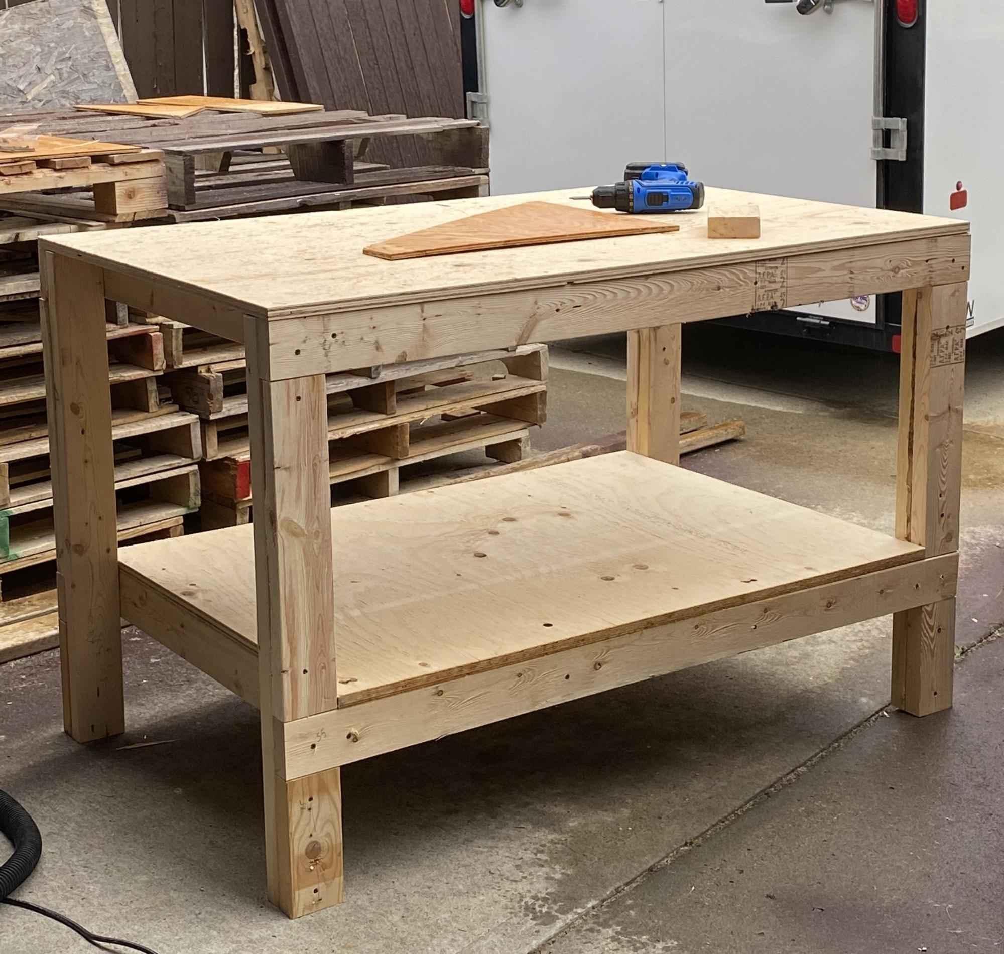 Sturdy wooden workbench in a shop