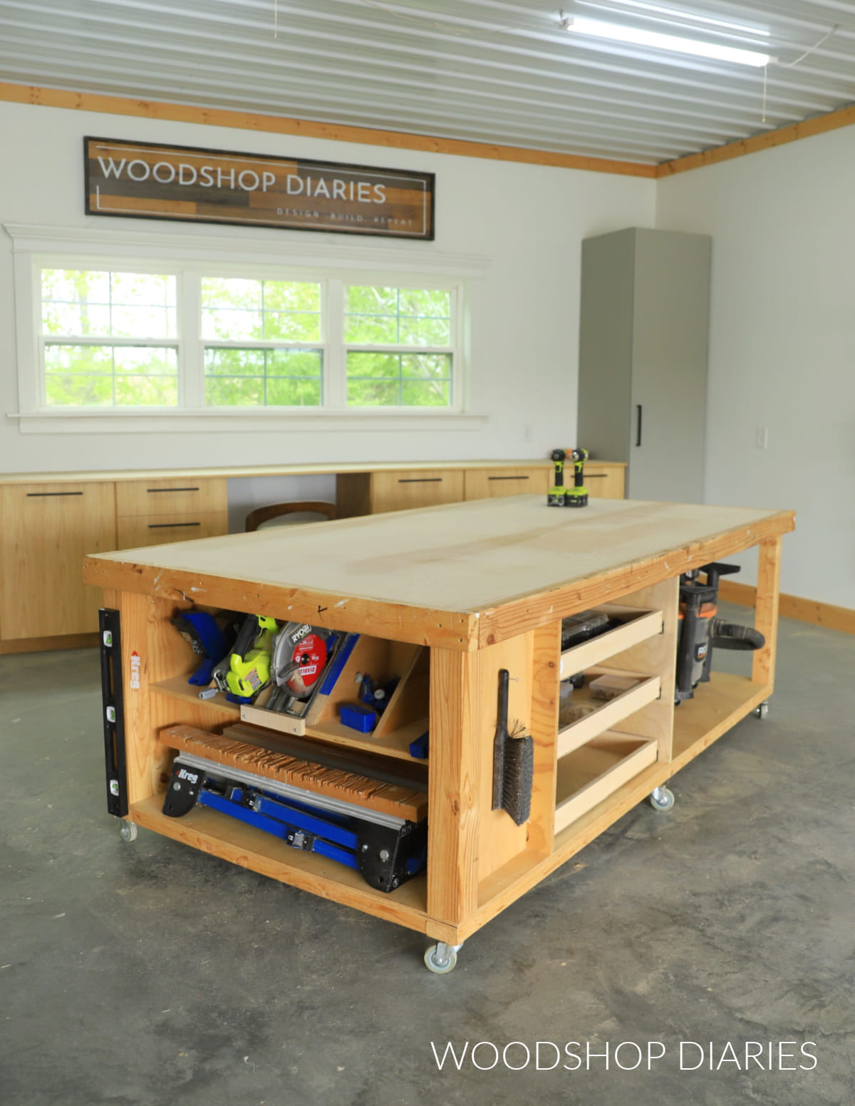 Large, rolling workbench in a shop
