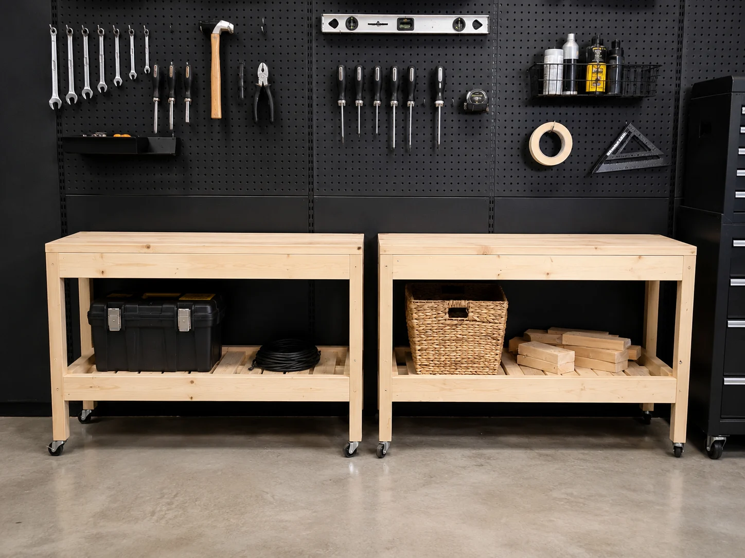 Two modular workbenches side by side in a workshop