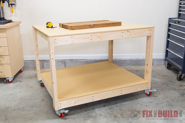 Worktable on casters in a garage shop