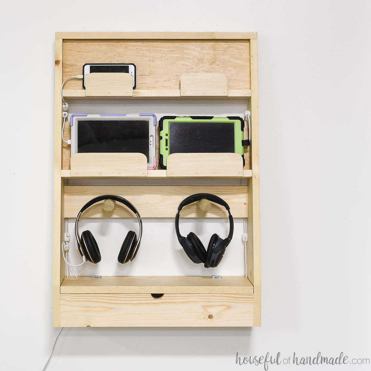 Wooden charging station for phones and headphones