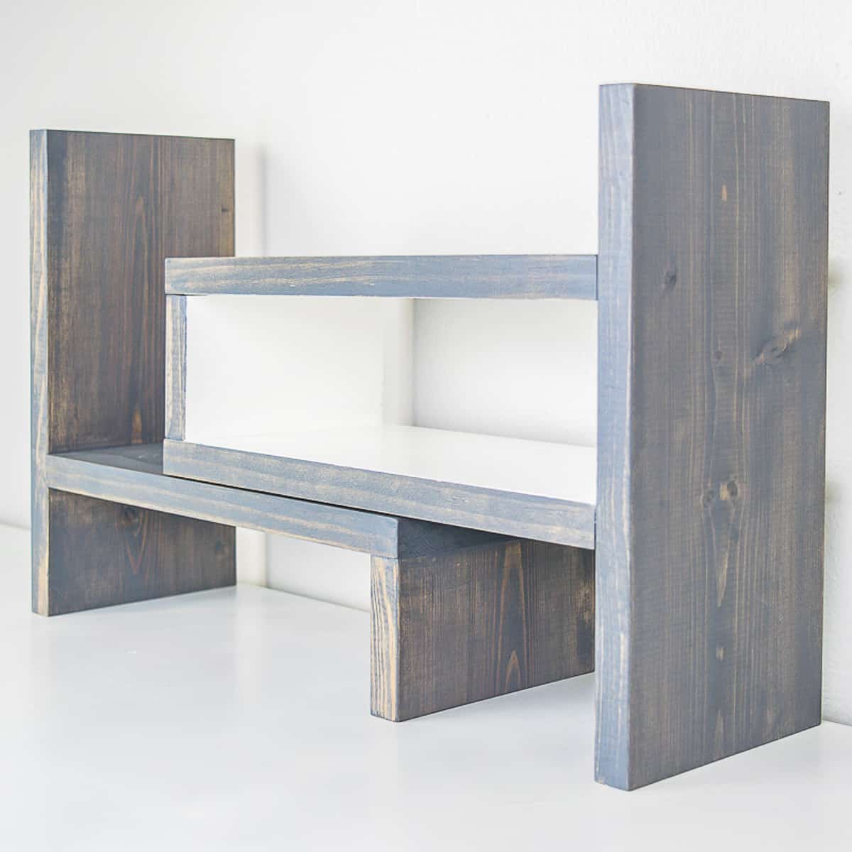 Gray-stained two-piece desk shelf