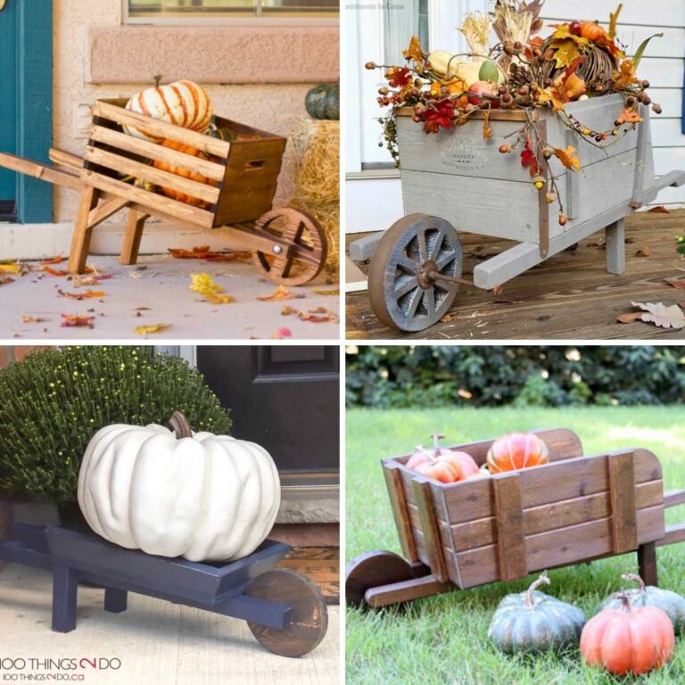 Four image collage of decorative wooden wheelbarrows filled with pumpkins for fall