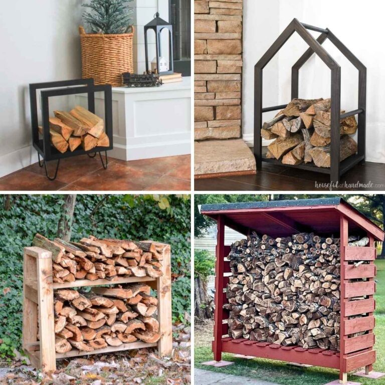 Four image collage of indoor and outdoor firewood storage