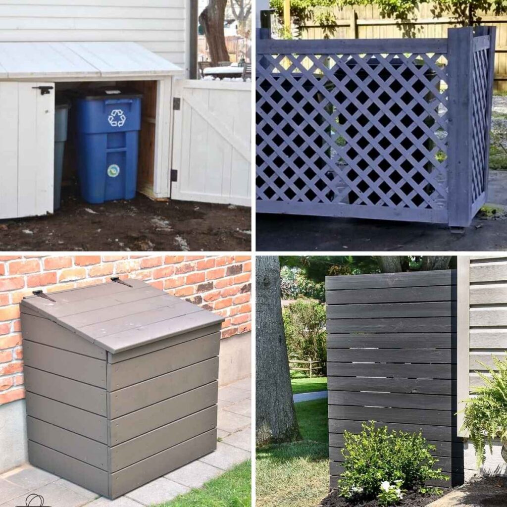 Four image collage of DIY garage can enclosures: two-door shed, lattice screen, bin with lid and slatted screen