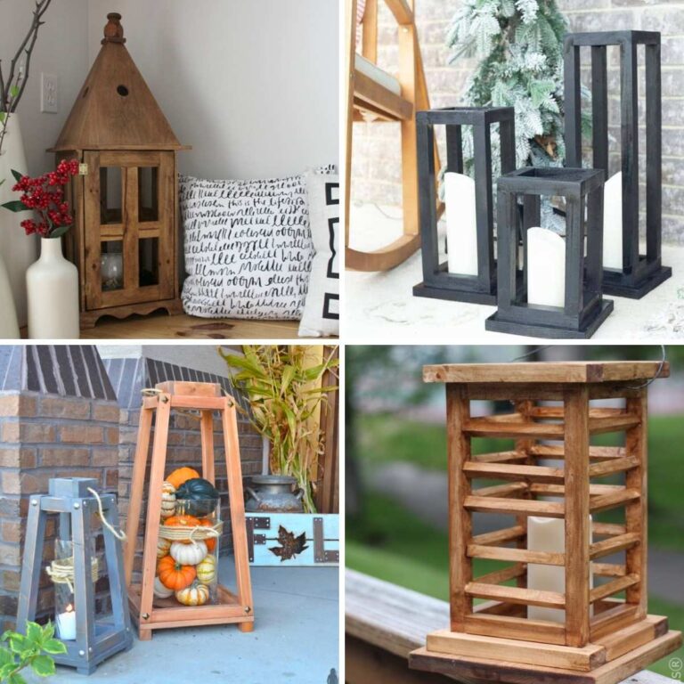 Four image collage of various styles of handmade wood lanterns