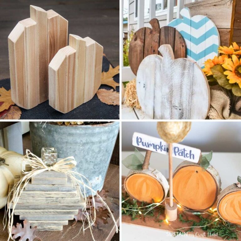 Four image collage of DIY pumpkins made with scrap wood