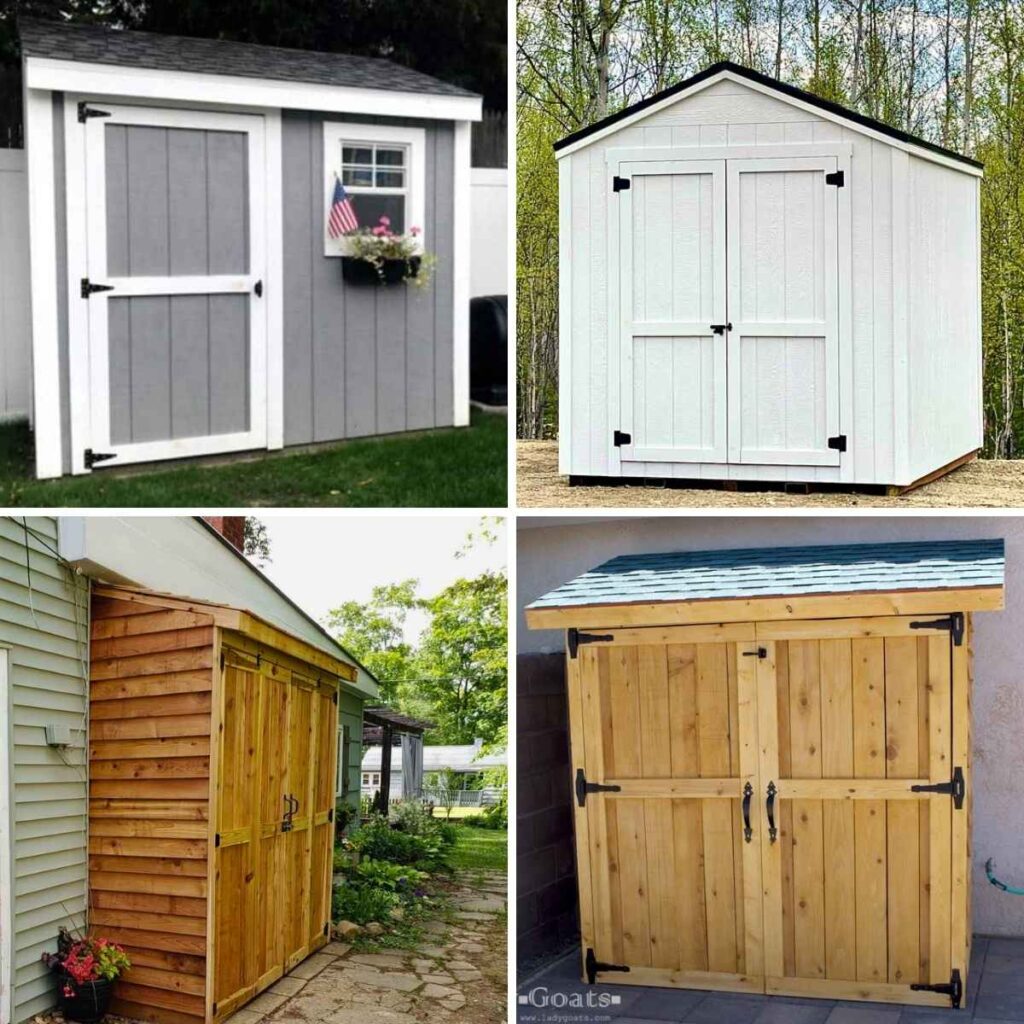 Four image collage of two full-size sheds and two smaller sheds