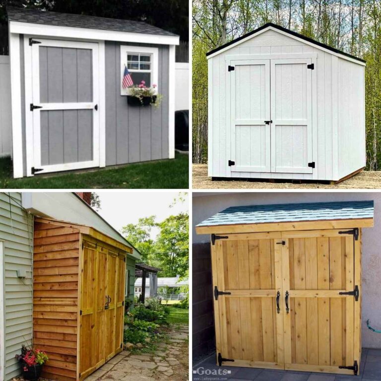 Four image collage of two full-size sheds and two smaller sheds