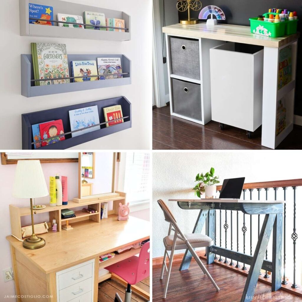 Four image collage a wall-mounted book shelf, kids desk, desk organizer, and a folding desk
