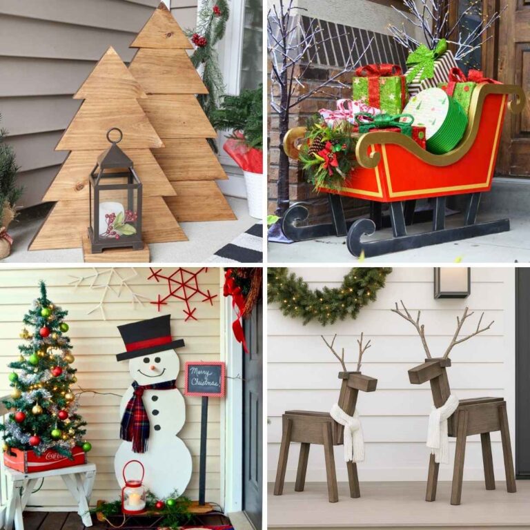 Four image collage of DIY outdoor Christmas decorations including trees, a sleigh, snowman and reindeer.