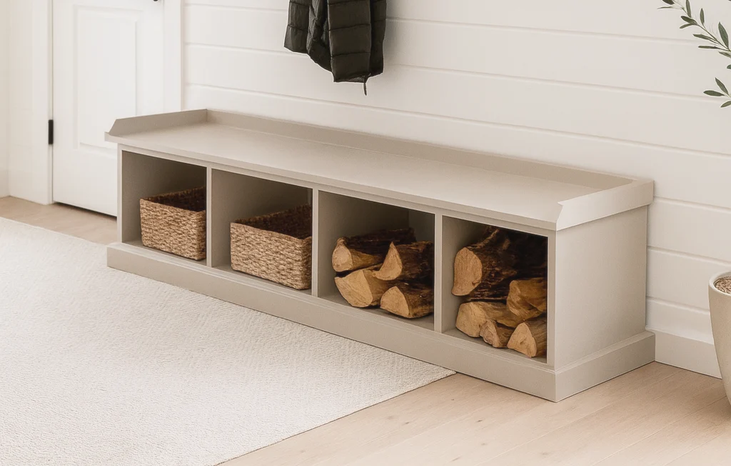 Bench with storage cubbies for baskets and firewood