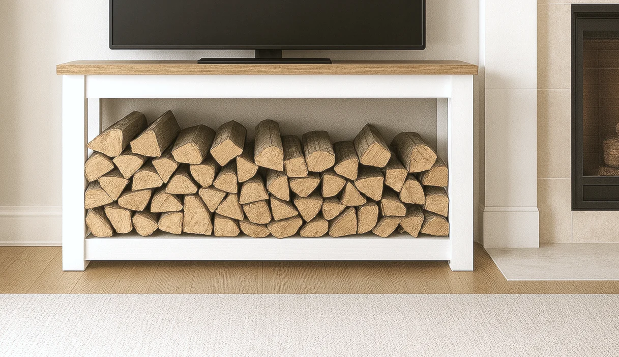 White-painted firewood console with a TV on top