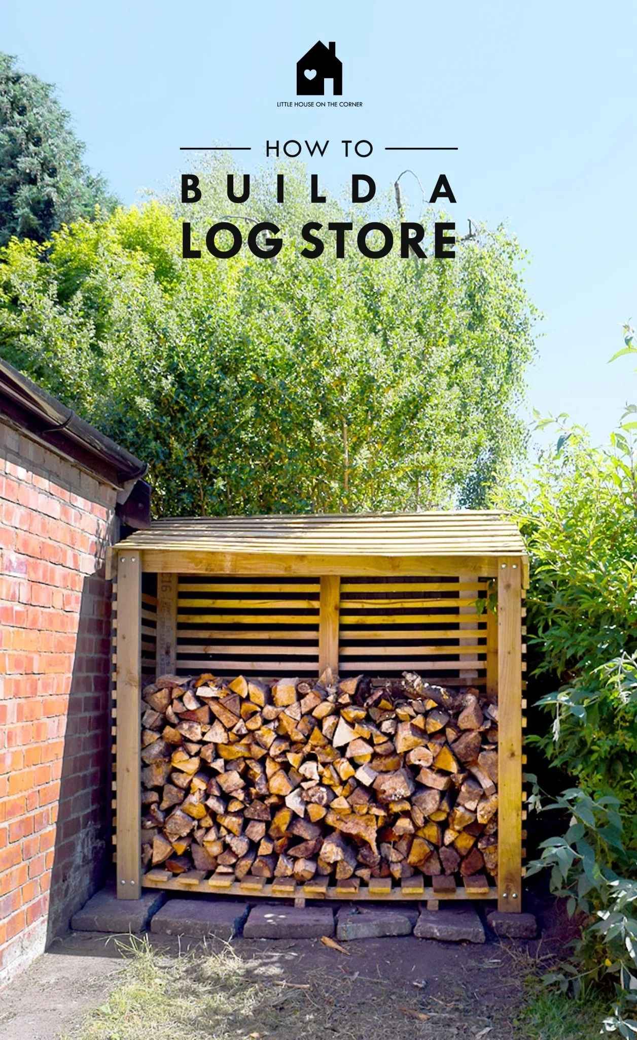 Firewood log store next to a brick building