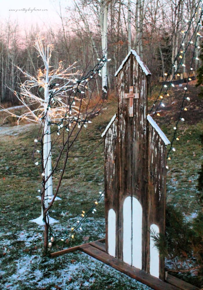 DIY wooden Christmas church in a yard