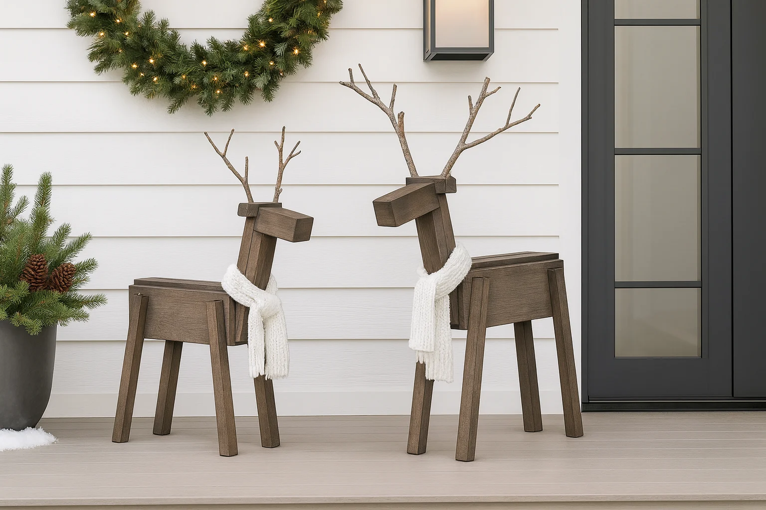 A pair of DIY Christmas reindeer on a porch