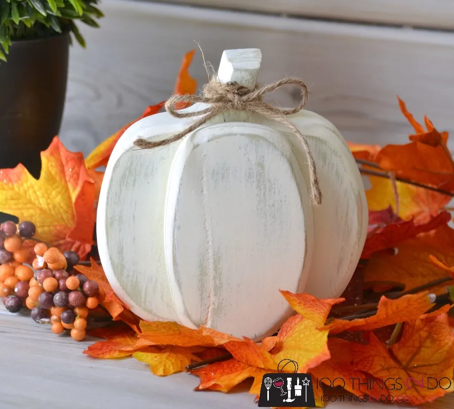 Several layers of wood cut in the shape of a pumpkin, painted white on a bed of leaves