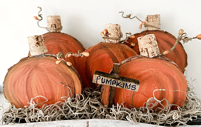 Wood slices painted to look like pumpkins with cork stems