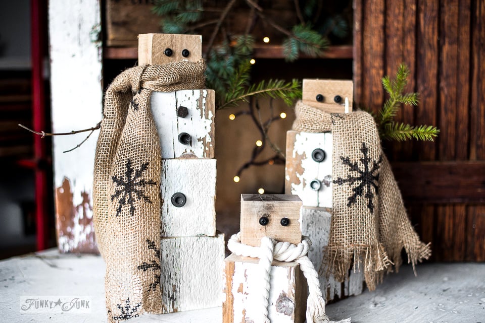 Wood blocks stacked to look like snowmen