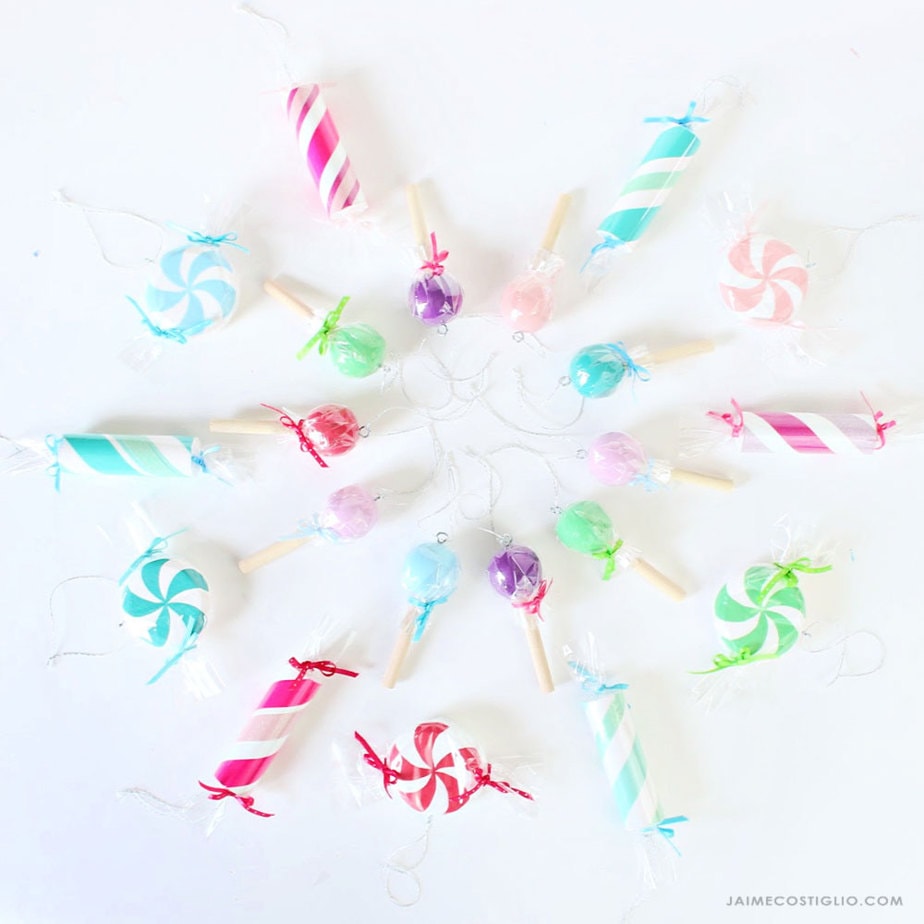 Wood pieces painted to look like candy