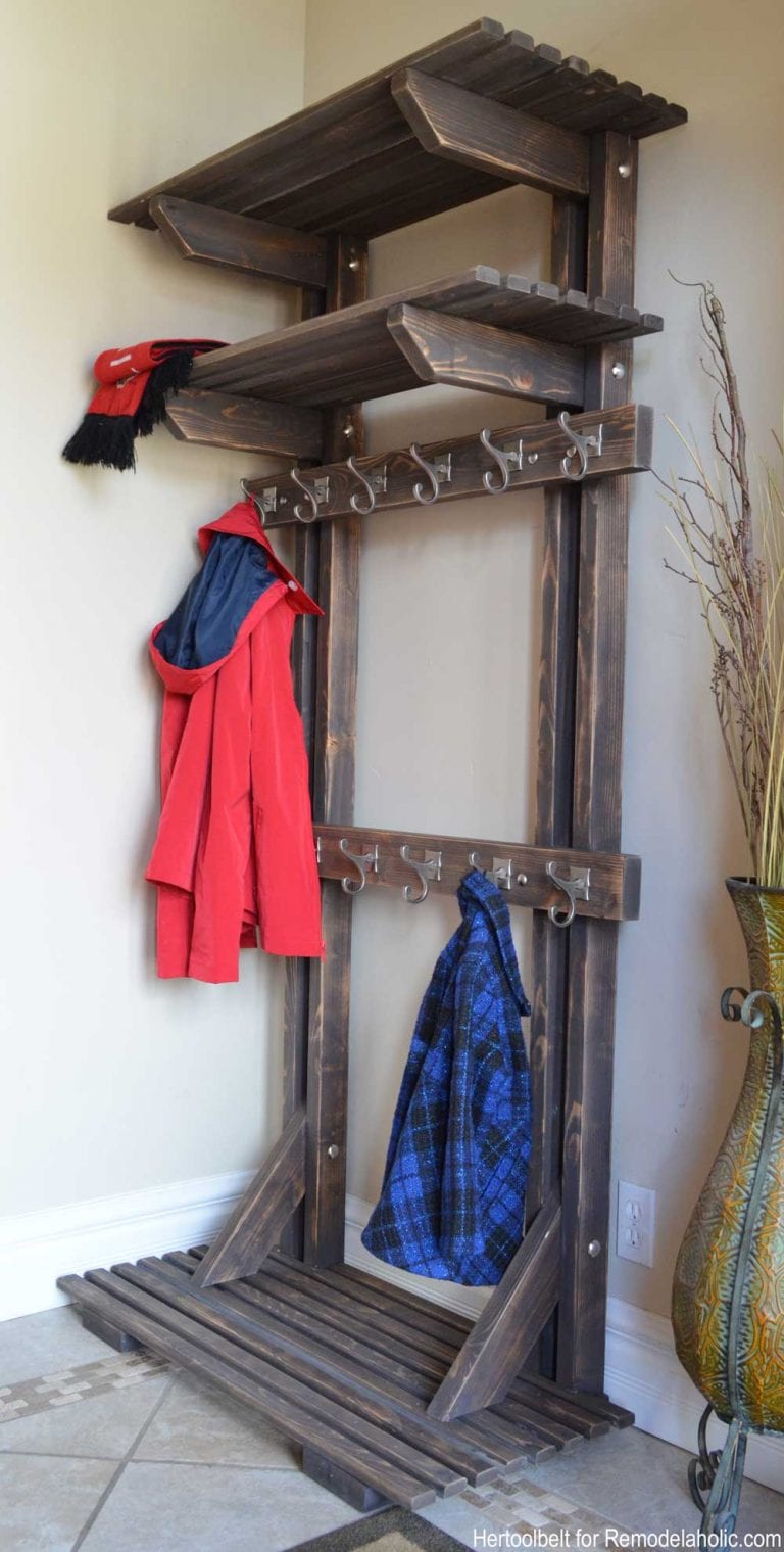Wood hall tree with two rows of coat hooks