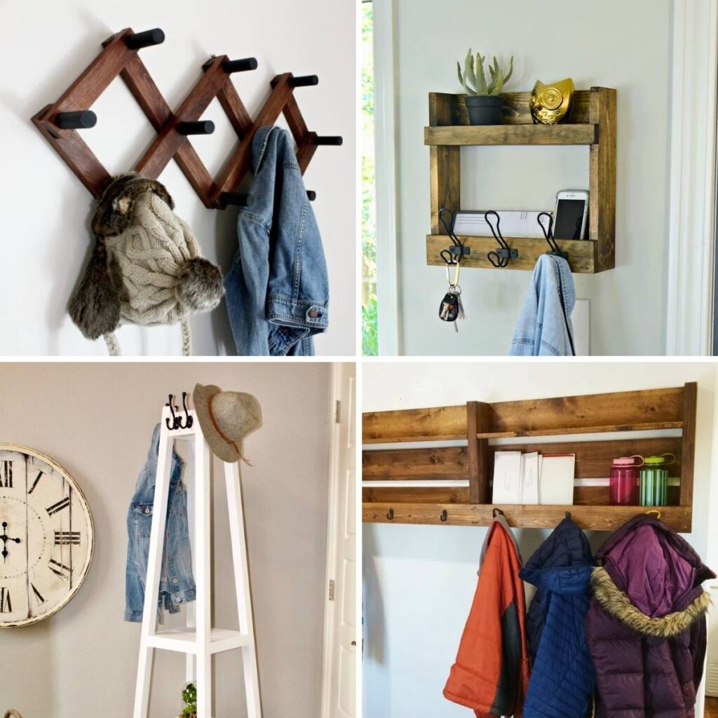Four image collage of handmade coat racks with hooks, shelves and freestanding