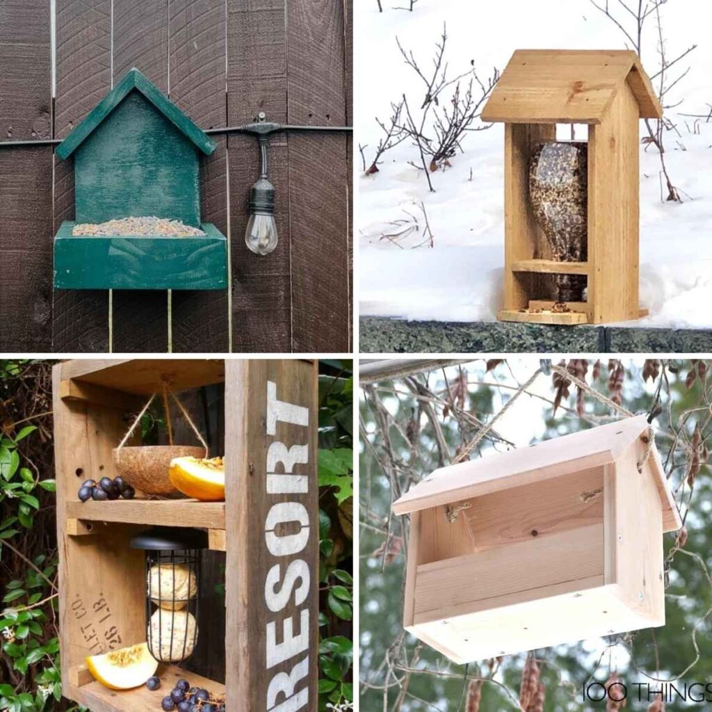 Four image collage of handmade bird feeders