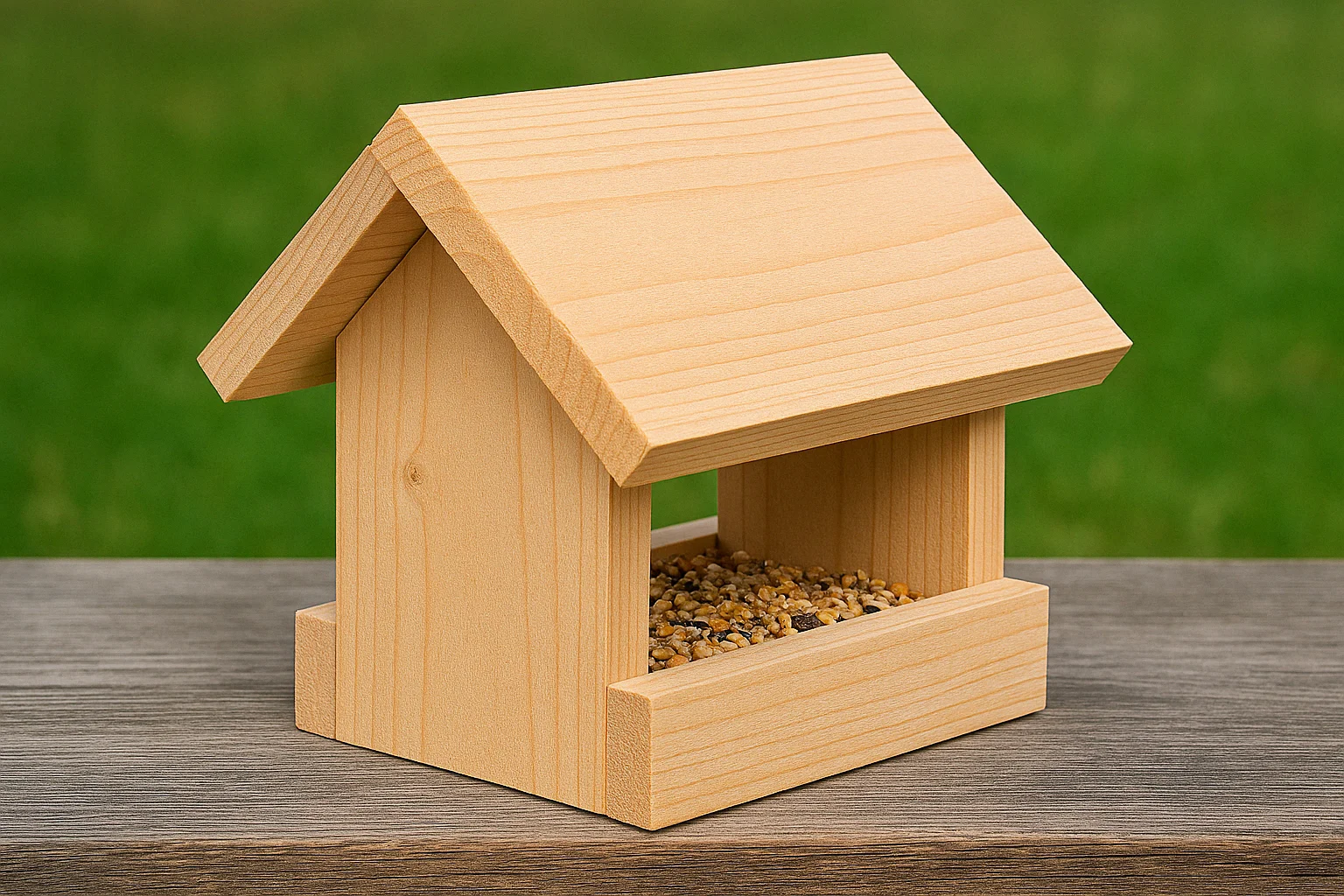 Small wooden bird feeder with grass in the background