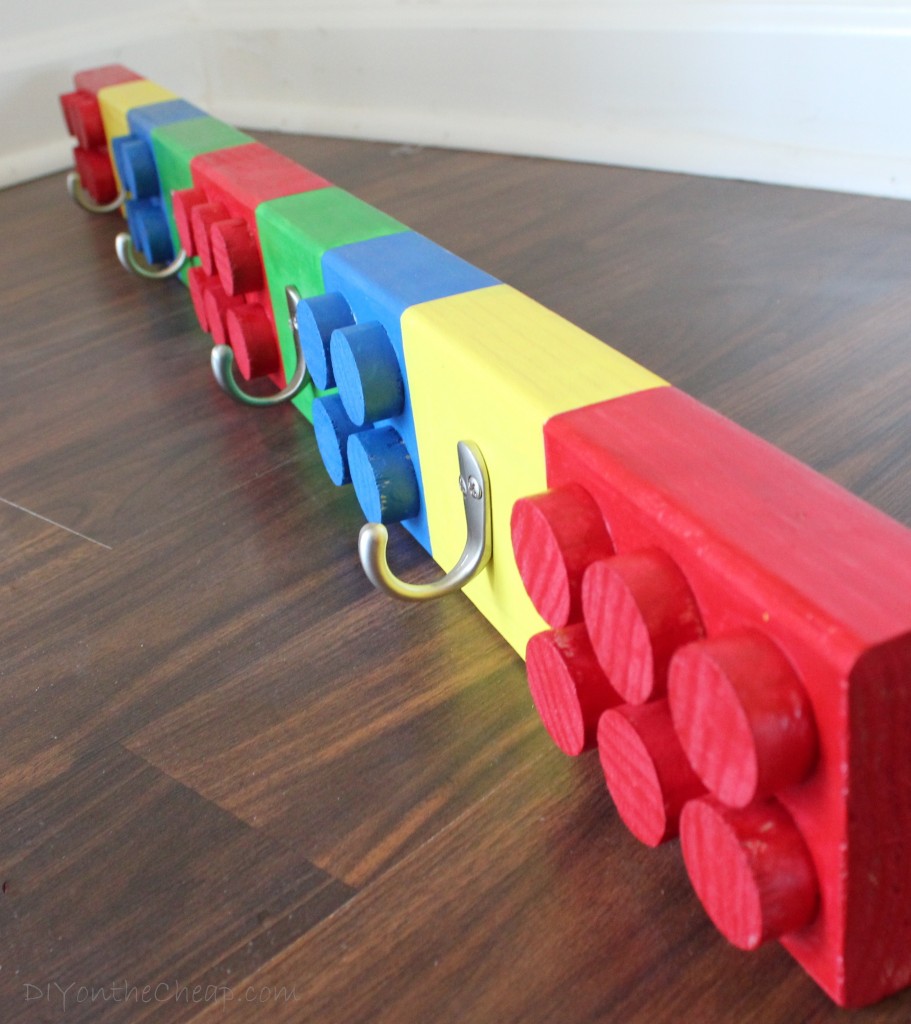 Multi-color coat rack that resembles Lego bricks