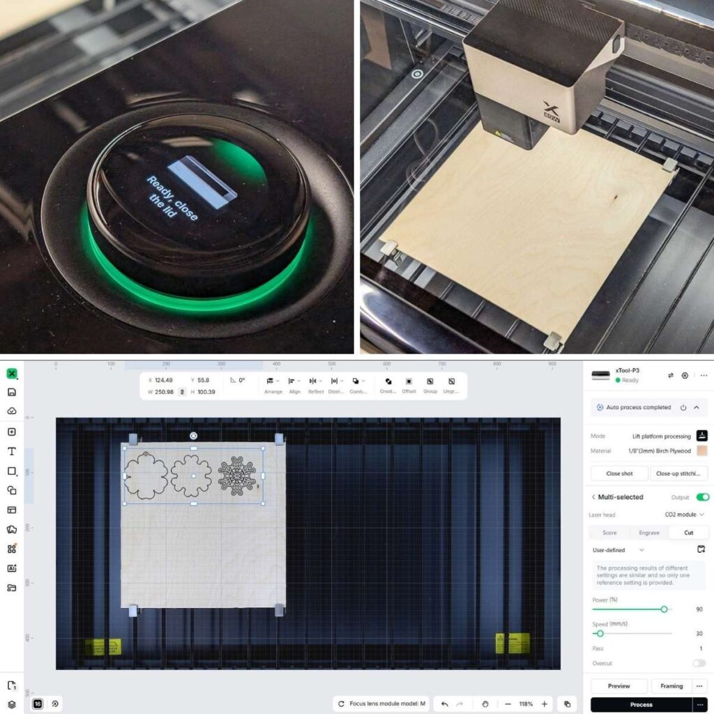 Three image collage showing the xTool P3's Automatic Creation System