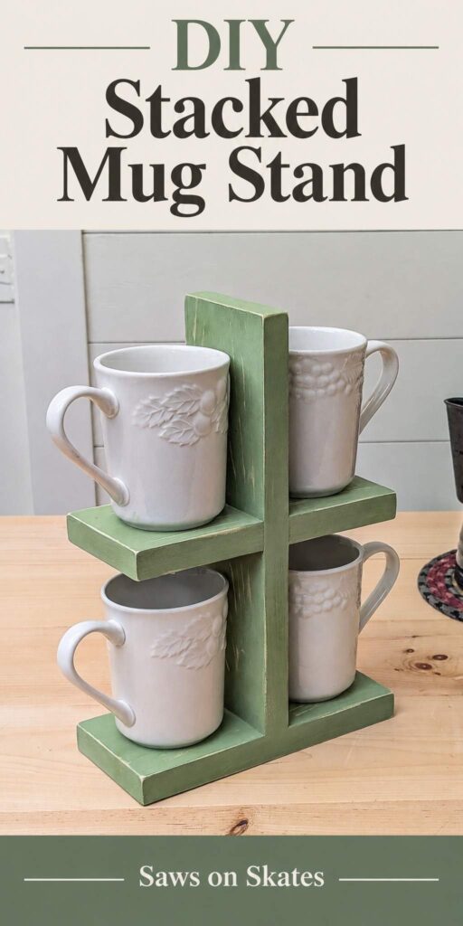 A tiered wooden stand displays several mugs stacked vertically