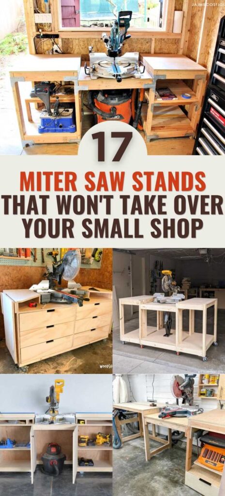 Collage of compact DIY miter saw stand ideas featuring mobile workstations, built-in storage, folding support wings, and space-saving designs for small workshops.